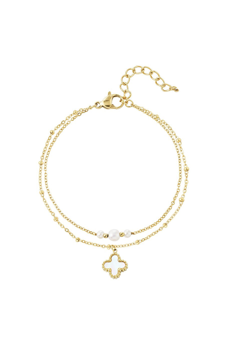 double bracelet with pearls and clover charm